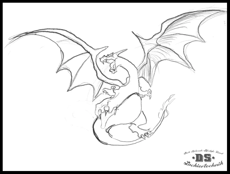 Drache final Erste Skizze des Drachenmotivs für das Airbrush-Design